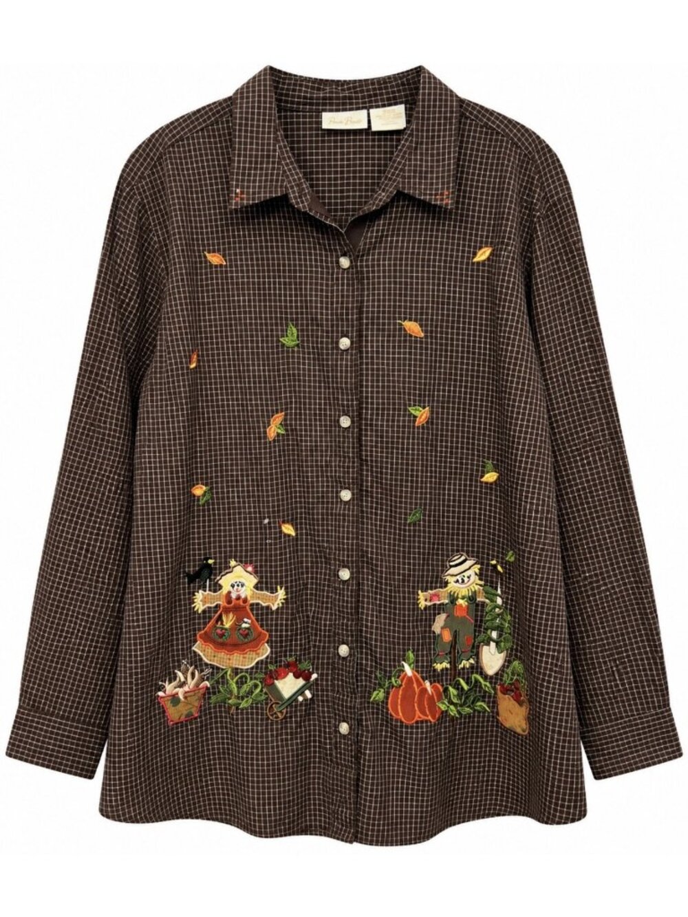 Vtg Bobbie Brooks Embroidered Button Up Shirt Sz 18W/20W Fall Pumplin Scarecrow